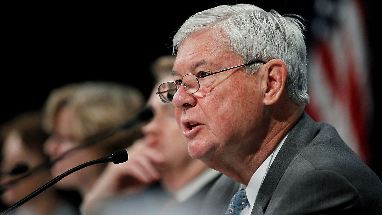 FILE - In this Sept. 27, 2010 file photo, Sen. Bob Graham, right, speaks during the National Commission on the BP Deepwater Horizon Spill and Offshore Drilling meeting in Washington. (AP Photo/Manuel Balce Ceneta, File)