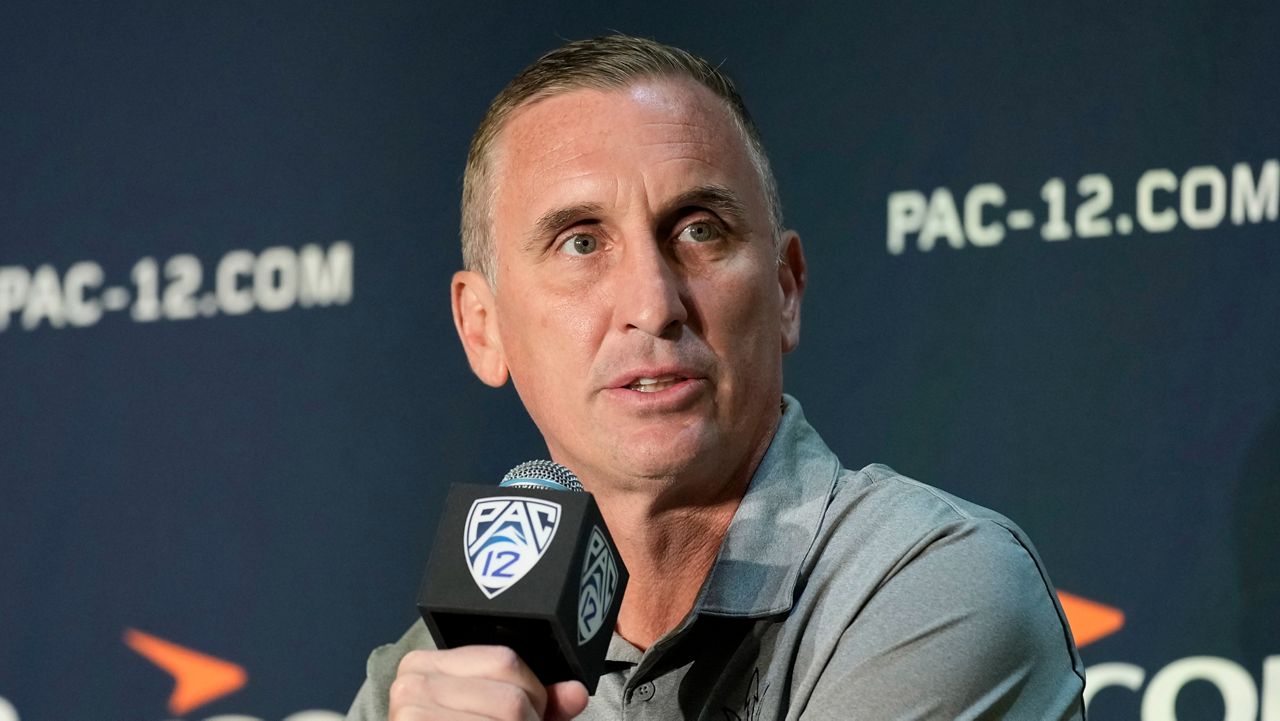 Arizona State head coach Bobby Hurley speaks at the Pac-12 Conference NCAA college basketball media day Oct. 11, 2023, in Las Vegas. (AP File Photo/John Locher)