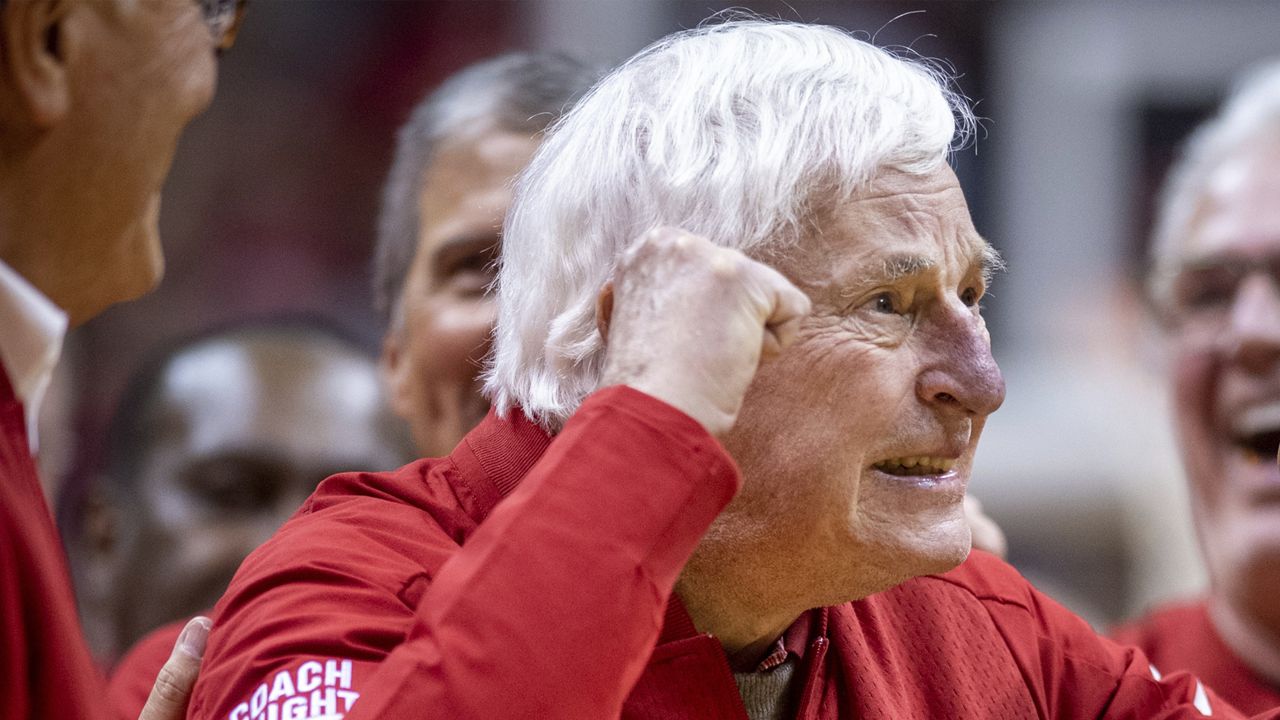Former Indiana Hoosiers coach Bob Knight was hospitalized over the weekend with an undisclosed illness but was not listed as a patient on Monday, April 3, 2023, at two hospitals in Bloomington, Indiana, where he lives. (AP Photo/Doug McSchooler)