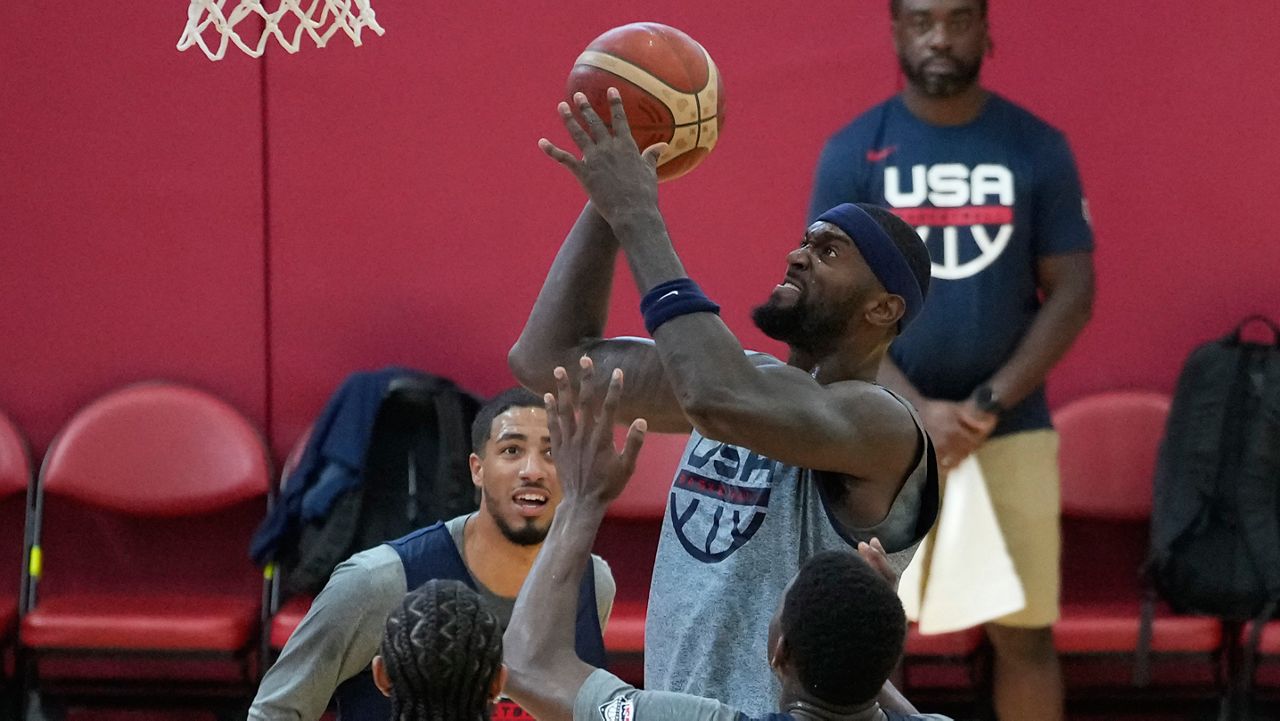 Bobby Portis of the Milwaukee Bucks shoots during training camp for the United States men's basketball team Thursday, Aug. 3, 2023, in Las Vegas. (AP Photo/John Locher)