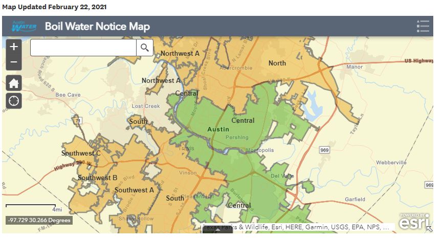 A map produced by Austin Water denotes in which parts of Austin water has been deemed safe for consumption. (Austin Water)