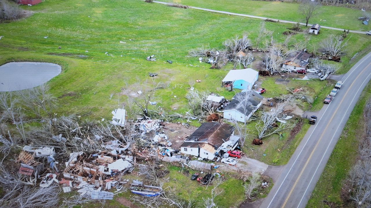 An aerial view of suspected tornado damage in Bollinger County, Mo. (Courtesy: Sikeston Department of Public Safety)