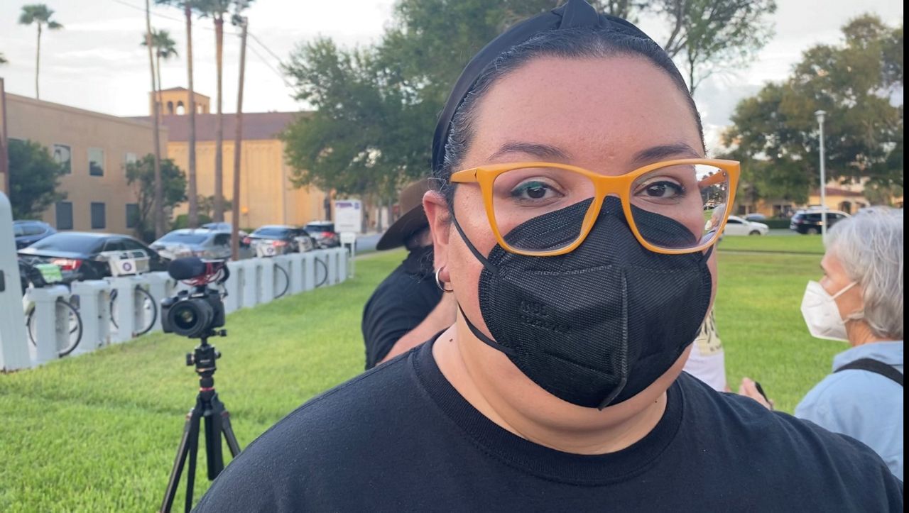 Noemí Nájera appears at a rally in McAllen, Texas, in this image from October 2021. (Spectrum News 1/Adolfo Muniz)