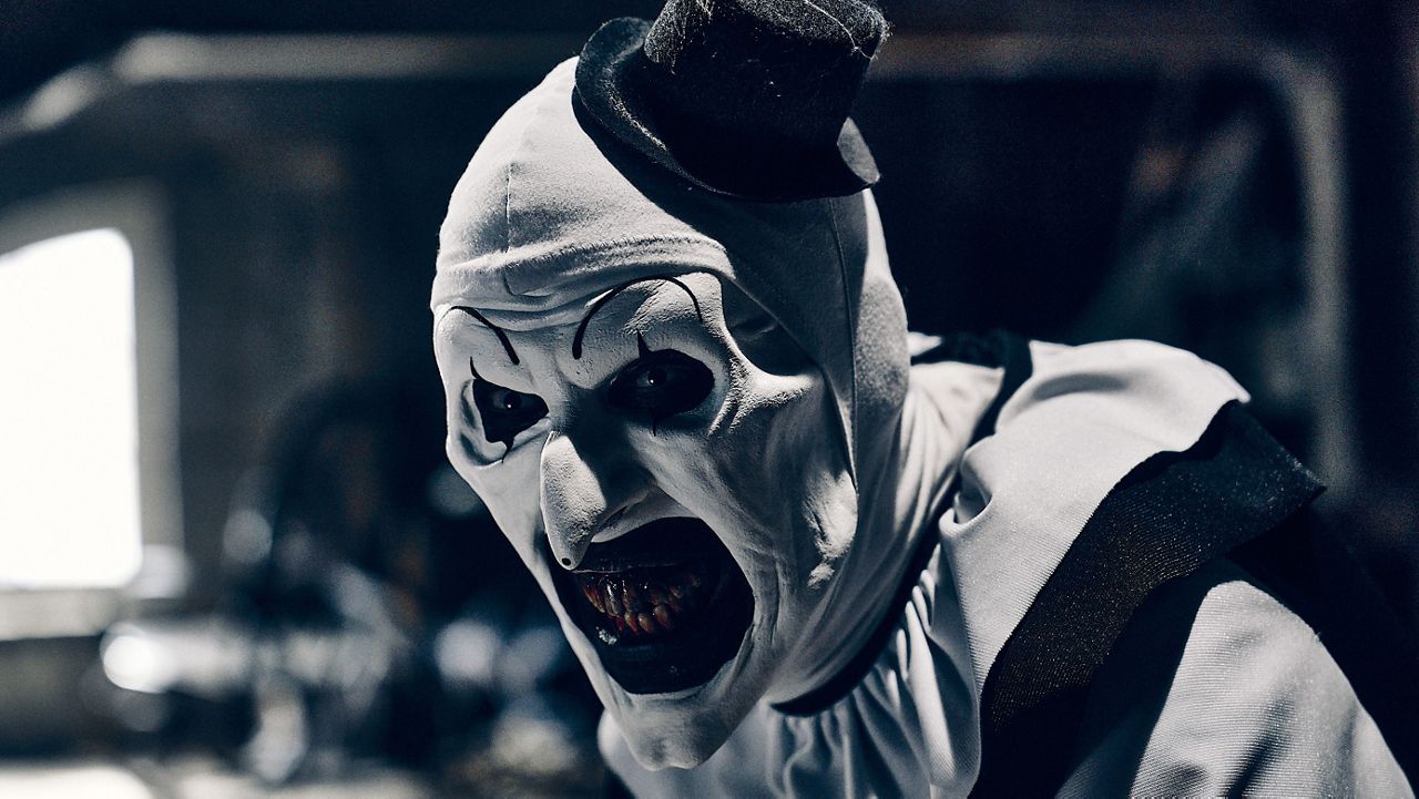 This image released by Cineverse Entertainment shows David Howard Thornton in a scene from "Terrifier 3." (Jesse Korman/Cineverse Entertainment via AP)