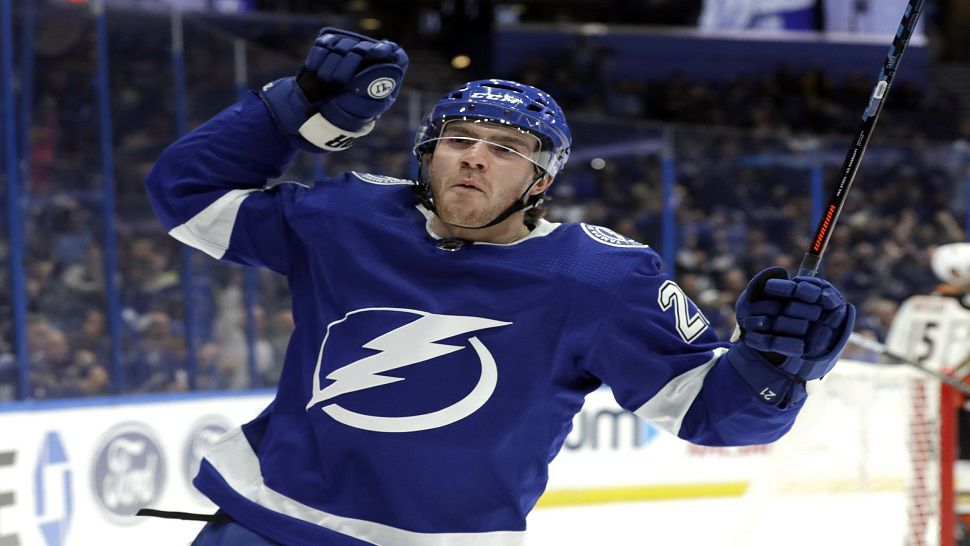 Tampa Bay Lightning center Brayden Point (21) celebrates his goal against the Anaheim Ducks during the second period of an NHL hockey game Tuesday, Nov. 27, 2018, in Tampa, Fla. (AP Photo/Chris O'Meara)