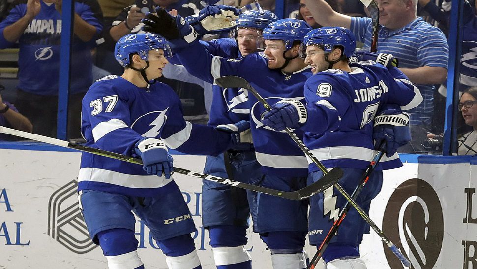Brayden Point scored the first goal of the game for the Lightning, who went 4-1-0 on a season-opening homestand. 
