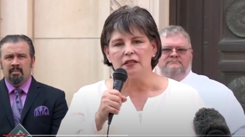 Bexar County GOP Chairwoman Cynthia Brehm addresses a crowd about coronavirus in this image from May 2020. (YouTube video capture)