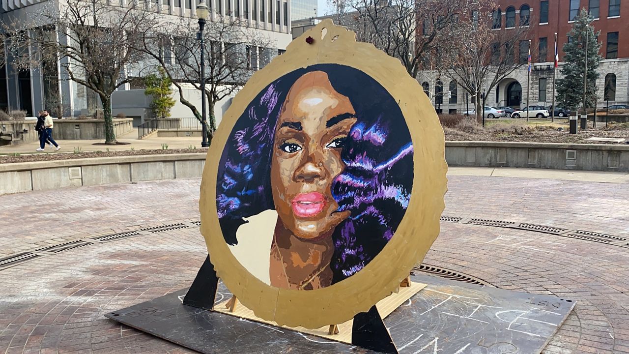 Breonna Taylor’s portrait sits in the center of Jefferson Square Park on Mar. 5th, 2022. (Spectrum News 1/Diamond Palmer)