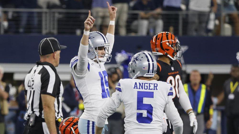 Dallas Cowboys place kicker Brett Maher (19) celebrates his game winning field goal with punter Bryan Anger (5) during the second half of an NFL football game Sunday, Sept. 18, 2022, in Arlington, Tx. (AP Photo/Michael Ainsworth)