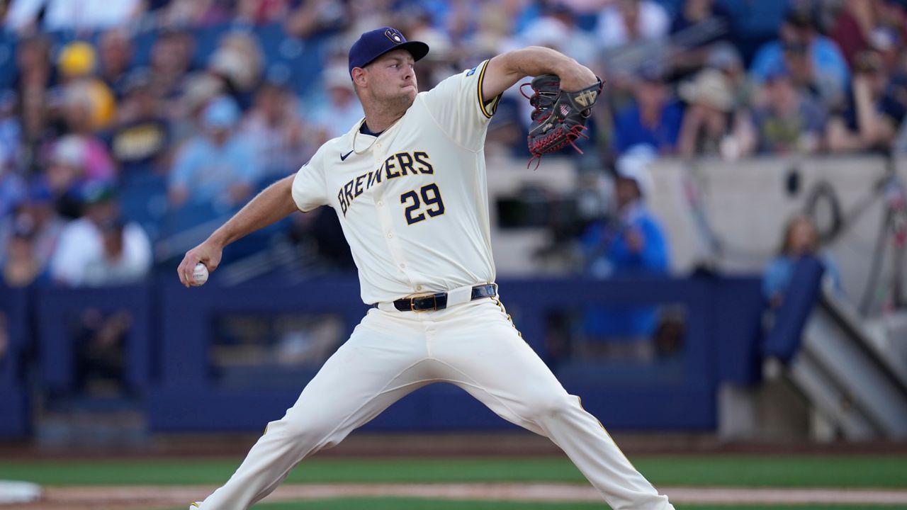 Milwaukee Brewers pitcher Trevor Megill throws to a Chicago Cubs batter during the second inning of a spring training baseball game Wednesday, Feb. 28, 2024, in Phoenix. (AP Photo/Carolyn Kaster)