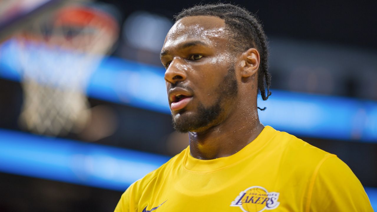 Los Angeles Lakers guard Bronny James walks off the court before an NBA summer league basketball game against the Sacramento Kings in San Francisco , Saturday, July 6, 2024. (AP Photo/Nic Coury)