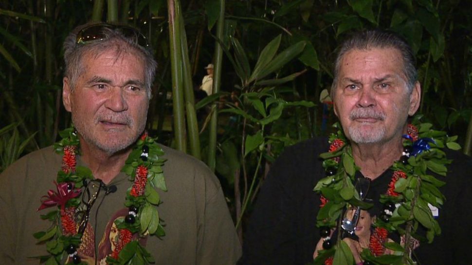 In this Dec. 23, 2017 image made from a video provided by Honolulu new station KHON, Alan Robinson and Walter Macfarlane are interviewed in Honolulu. (KHON via AP)