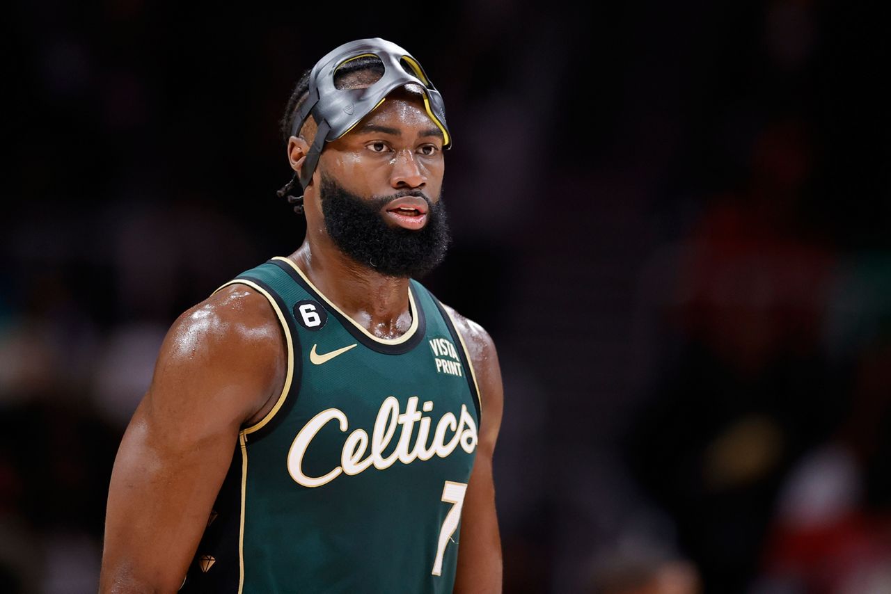 Boston Celtics guard Jaylen Brown (7) on the court during the second half of an NBA basketball game against the Atlanta Hawks, Saturday, March 11, 2023, in Atlanta. (AP Photo/Alex Slitz)