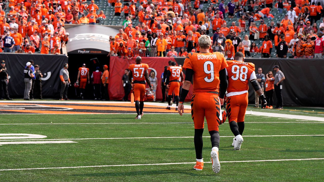 Cincinnati Bengals quarterback Joe Burrow (9) walks off the field after an NFL football game against the New England Patriots, Sunday, Sept. 8, 2024, in Cincinnati. The Patriots won 16-10. (AP Photo/Jeff Dean)