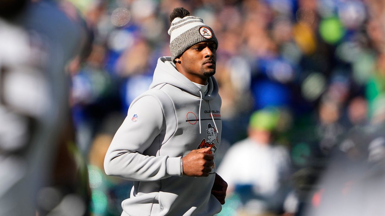 Cleveland Browns quarterback Deshaun Watson runs on the field before an NFL football game against the Seattle Seahawks, Sunday, Oct. 29, 2023, in Seattle.