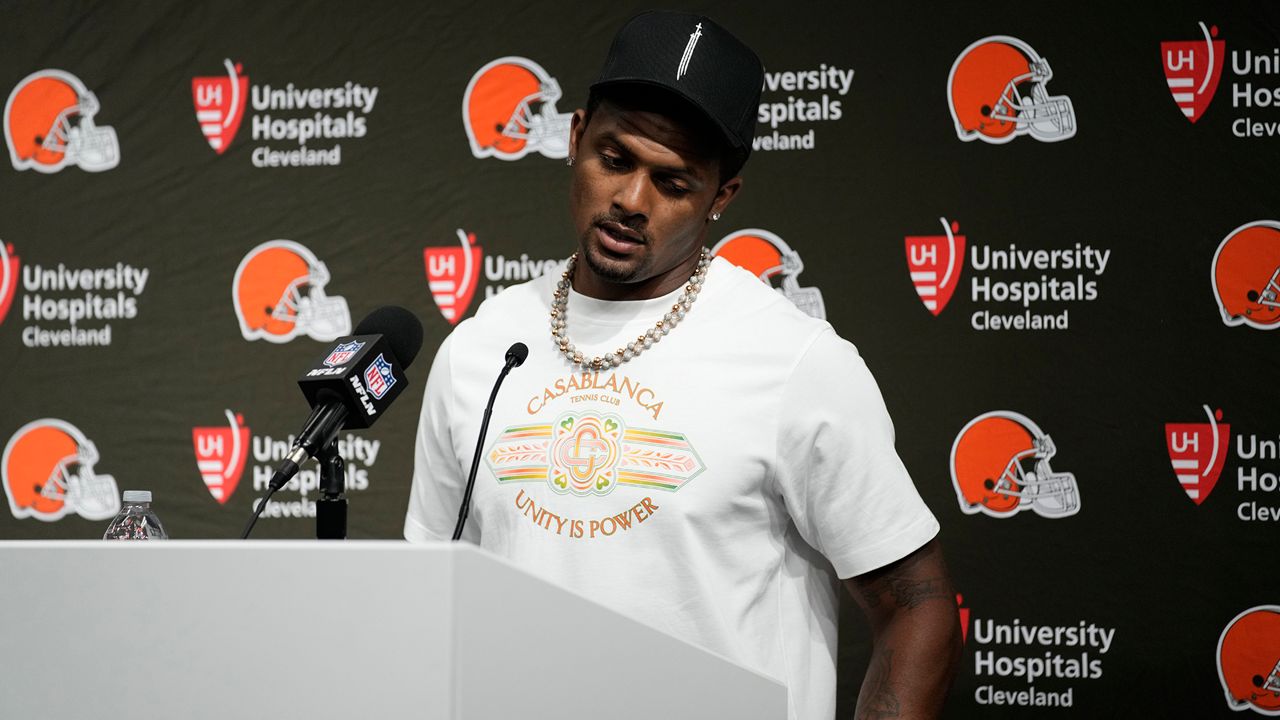 Cleveland Browns quarterback Deshaun Watson speaks after the Browns were defeated by the Las Vegas Raiders 20-16 in an NFL football game Sept. 29, 2024, in Las Vegas. (AP Photo/John Locher)