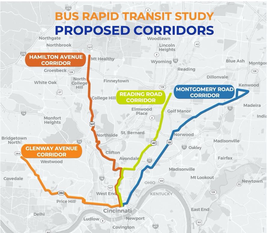 A map of the four BRT corridors being considered by Metro. (Image courtesy of Metro)