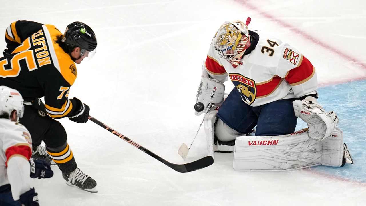 Florida Panthers goaltender Alex Lyon (34) makes a save on a shot by Boston Bruins defenseman Connor Clifton (75) during the first period of Game 2 in the first round of the NHL hockey playoffs Wednesday, April 19, in Boston. (AP Photo/Charles Krupa)