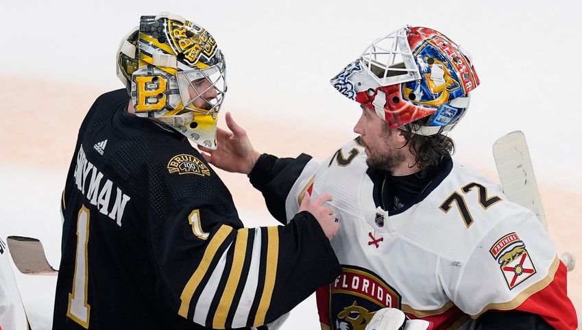 Boston Bruins' Jeremy Swayman (1) and Florida Panthers' Sergei Bobrovsky (72) talk after the Panthers defeated the Bruins in Game 6 of an NHL hockey Stanley Cup second-round playoff series, Friday, May 17, 2024, in Boston. (AP Photo/Michael Dwyer)