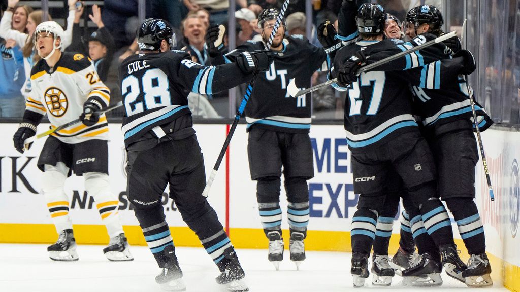 Utah Hockey Club celebrates a goal during the third period of an NHL hockey game against the Boston Bruins, Saturday, Oct. 19, 2024, in Salt Lake City. (AP Photo/Spenser Heaps)