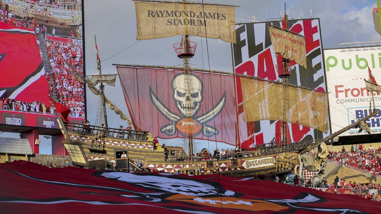 The pirate ship is seen at Raymond James Stadium during a NFL football game against the Carolina Panthers, Sunday, January 9, 2022 in Tampa, Fla. (AP Photo/Alex Menendez)