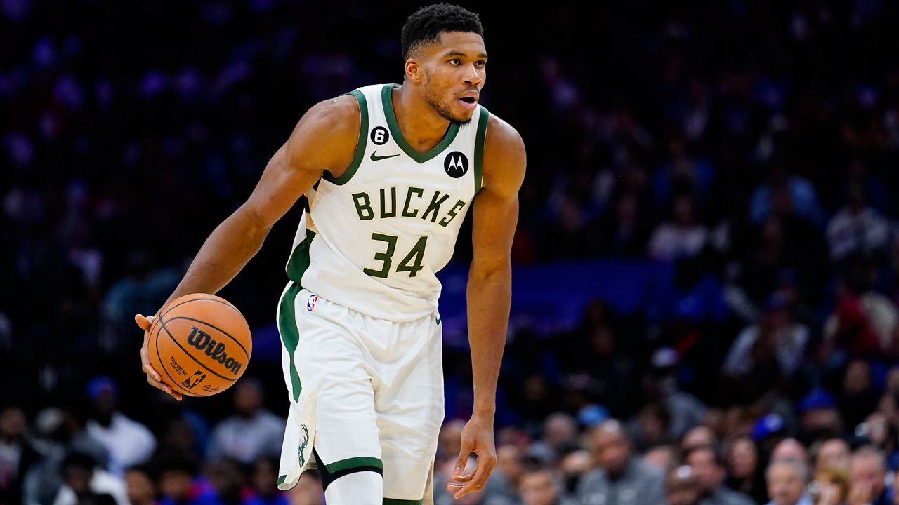 Milwaukee Bucks' Giannis Antetokounmpo plays during an NBA basketball game