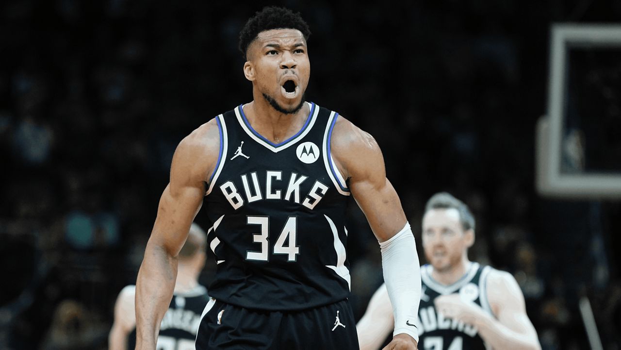 Milwaukee Bucks' Giannis Antetokounmpo reacts during the first half of an NBA basketball game Tuesday, April 9, 2024, in Milwaukee