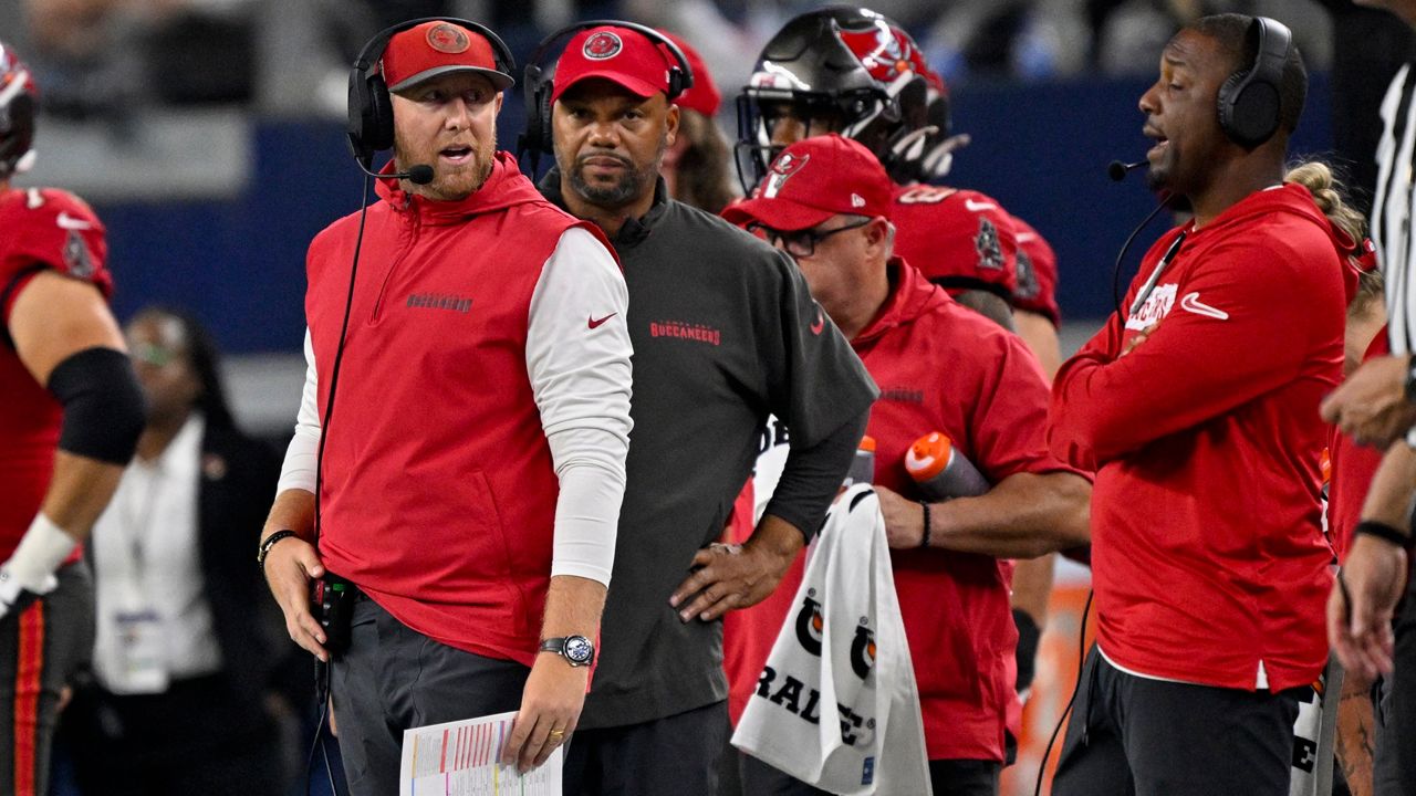 Tampa Bay Buccaneers offensive coordinator Liam Coen looks on from the sidelines during an NFL football game against the Dallas Cowboys in Arlington, Texas, Sunday, Dec. 22, 2024. (AP Photo/Jerome Miron)