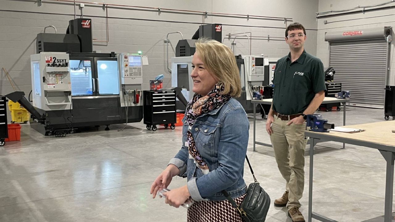 U.S. Rep. Nikki Budzinski D-Ill visited The CAVE, Belleville Township High School District 201’s Center for Academic and Vocational Excellence, which opened last August at the former Kings Point tennis facility. (Spectrum News/Gregg Palermo)