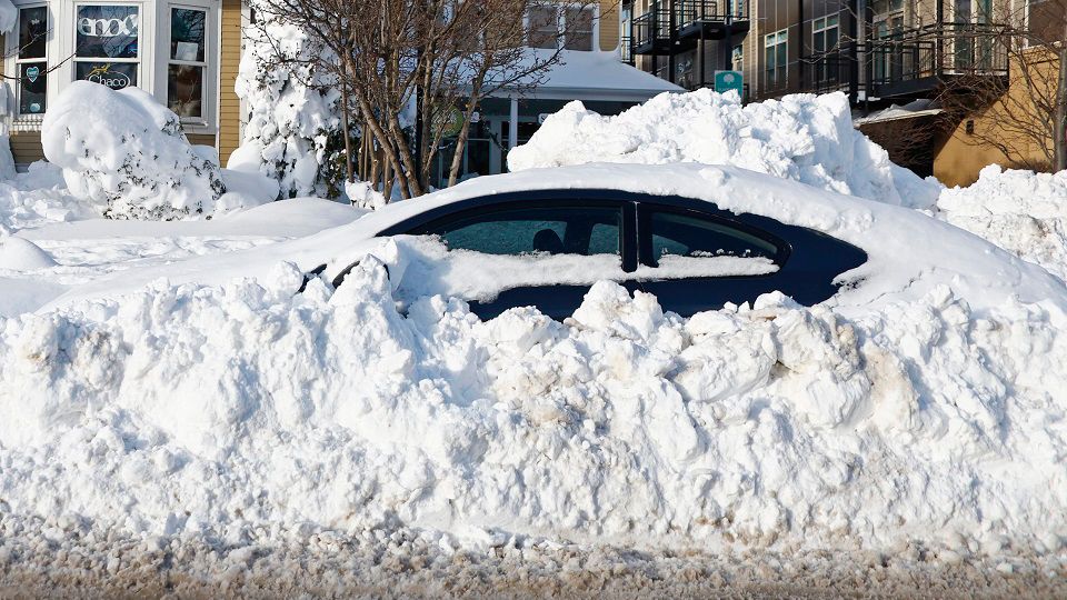 Aerial view of snow-covered Buffalo