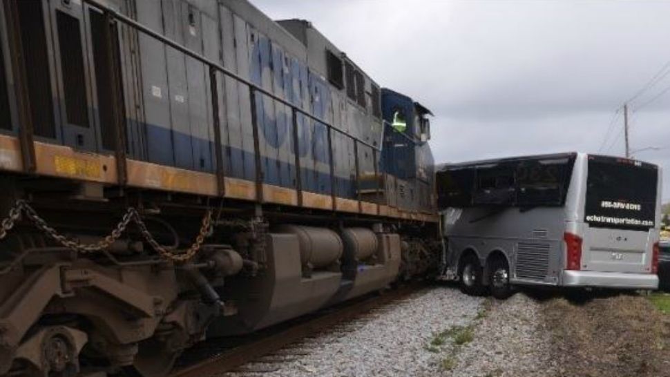 The final resting position of the CSX train and the ECHO Transportation motorcoach is depicted in this March 7, 2017, photo of the accident scene. (Photo courtesy of NTSB via the Biloxi Police Department)