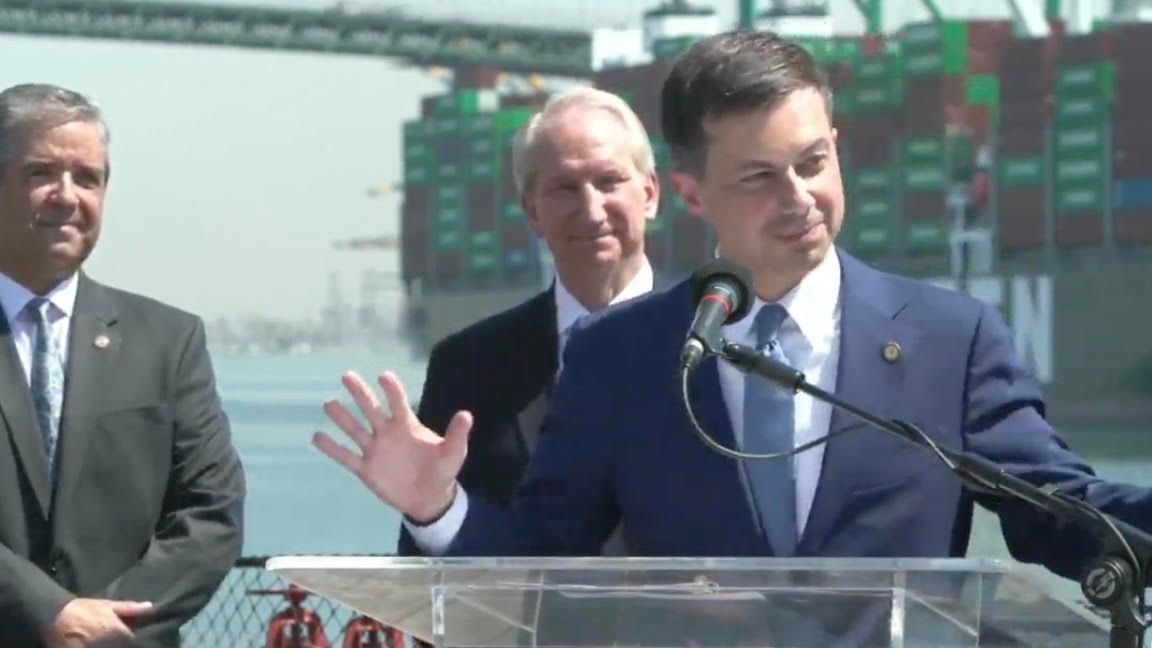 U.S. Transportation Secretary Pete Buttigieg visits the Port of Los Angeles to announce a $20 million investment in a new four-lane grade crossing to improve truck traffic. (Port of LA)