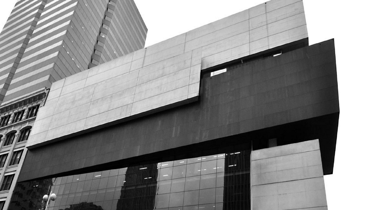A black and white photo of the outside of the Contemporary Arts Center in downtown Cincinnati. (Provided)