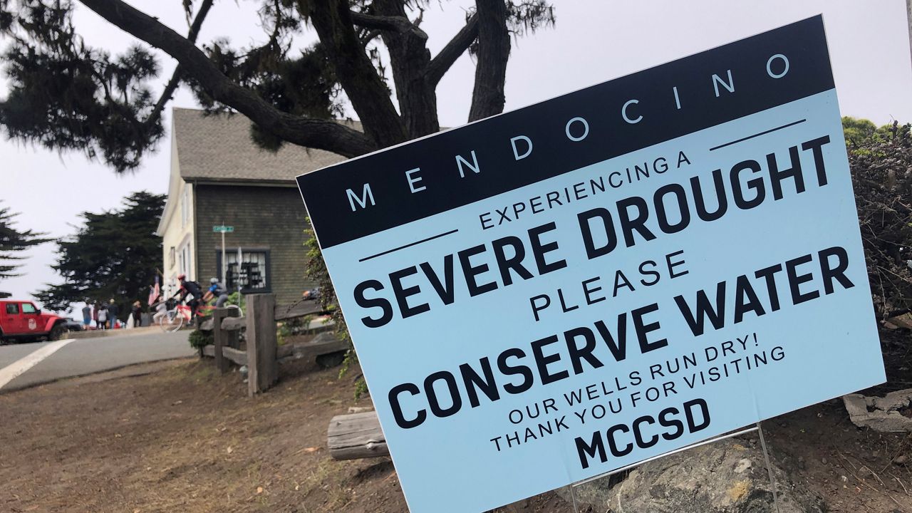 A sign alerts visitors to the severe drought in Mendocino, Calif., on Aug. 4, 2021. (AP Photo/Haven Daley, File)