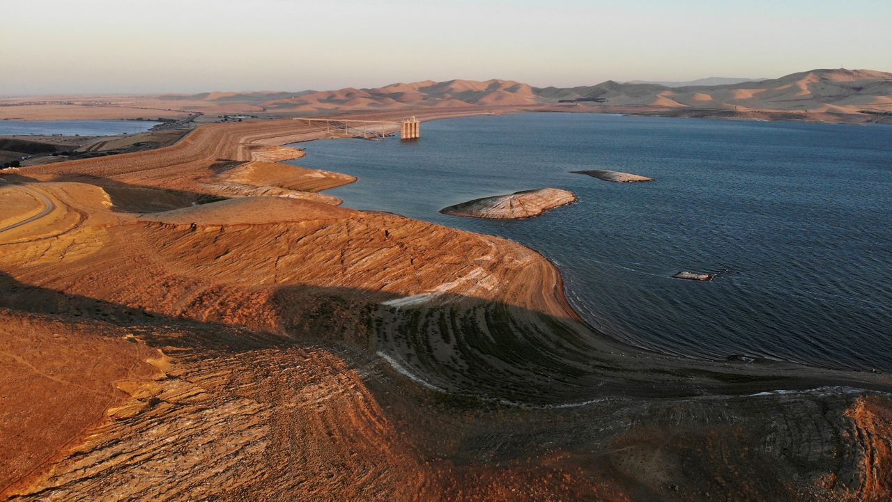 Water levels are low at San Luis Reservoir, which stores irrigation water for San Joaquin Valley farms, in Gustine, Calif., Sept. 14, 2022. (AP Photo/Terry Chea, File)