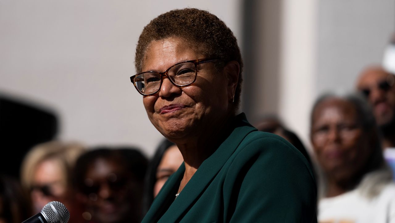 Los Angeles Mayor-elect Karen Bass listens to questions from the media at a news conference in Los Angeles, Thursday, Nov. 17, 2022. (AP Photo/Jae C. Hong)