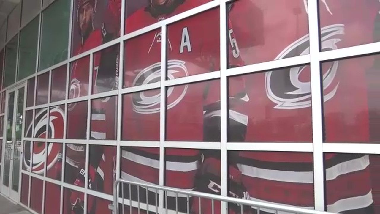 A Carolina Hurricanes poster outside of PNC Arena in Raleigh, N.C.