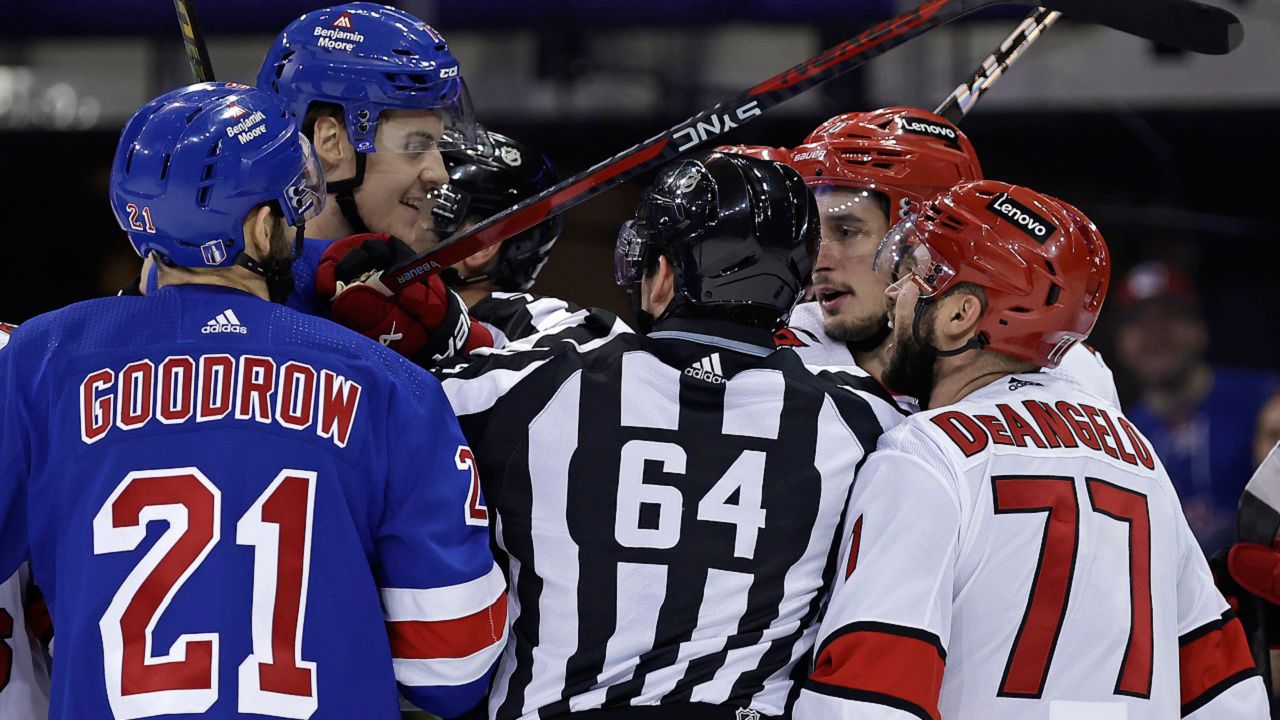 Tony DeAngelo and Matt Rempe exchange words during a game in New York on Monday, May 13, 2024.