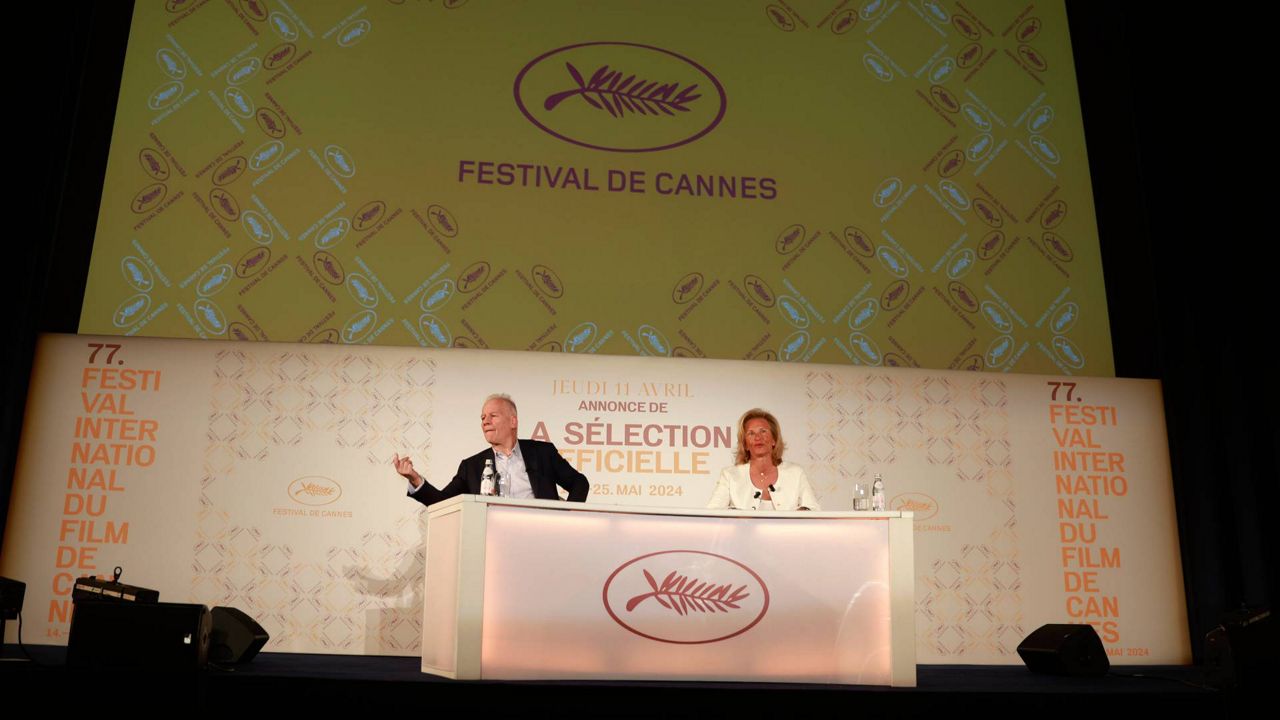 Cannes Film Festival President Iris Knobloch, right, and delegate general Thierry Fremaux attend a press conference to announce the lineup for the upcoming 77th edition on Thursday in Paris. (AP Photo/Aurelien Morissard)