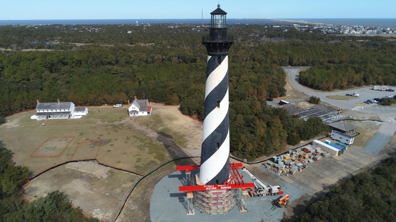 A photo from late February shows scaffolding going up around the historic lighthouse on Cape Hatteras. (National Park Service)