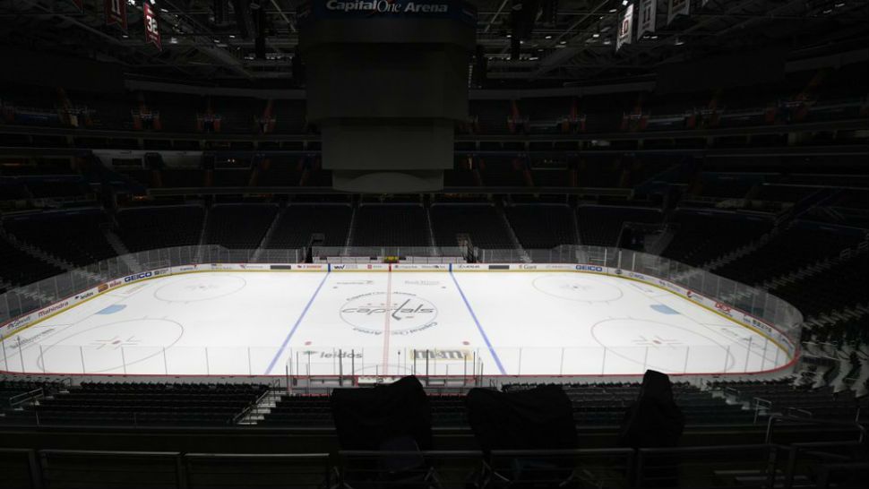 FILE - This is a March 12, 2020, file photo showing Capital One Arena, home of the Washington Capitals NHL hockey club in Washington. Get used to the concept of pods and pucks if the NHL is going to have any chance of completing its season, with the most likely scenarios calling for games in empty, air-conditioned arenas during the dog days of summer. (AP Photo/Nick Wass, File)