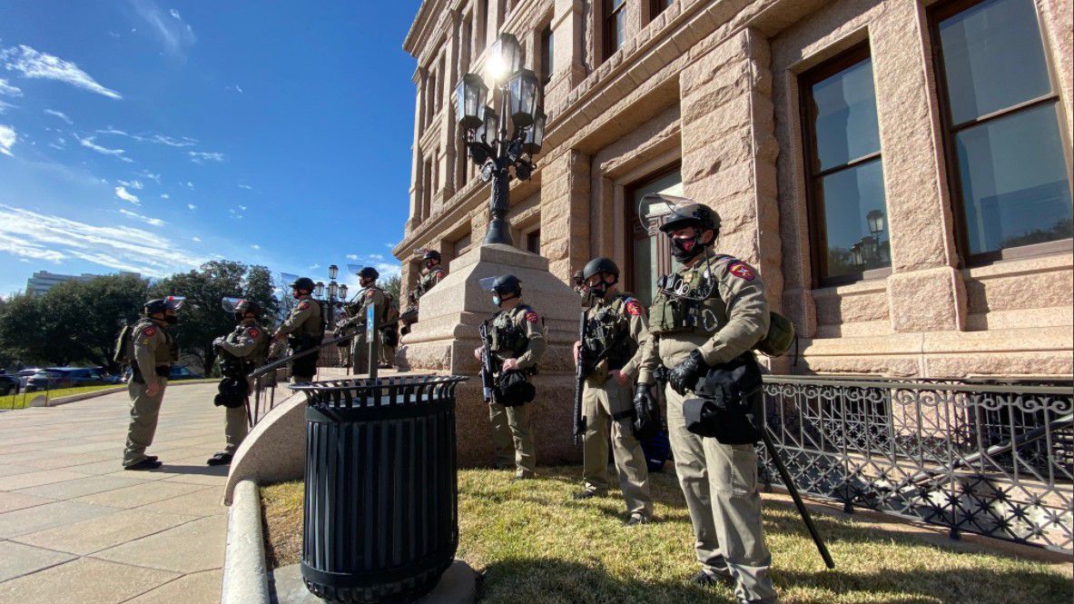 Texas Department of Public Safety troopers guard the Texas State Capitol in Austin, Texas, in this image from January 12, 2021. (Brett Shipp/Spectrum News 1)