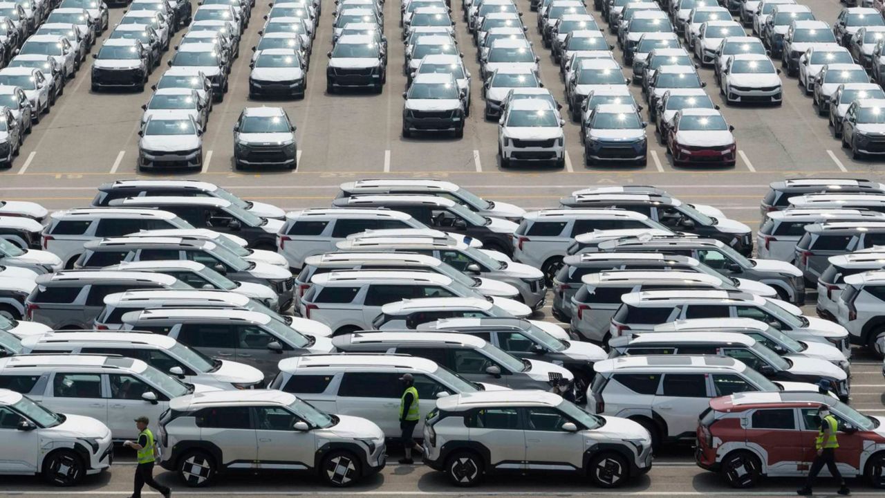 Vehicles for export are parked at a port in Pyeongtaek, South Korea, Tuesday, July 8, 2025. (AP Photo/Ahn Young-joon)