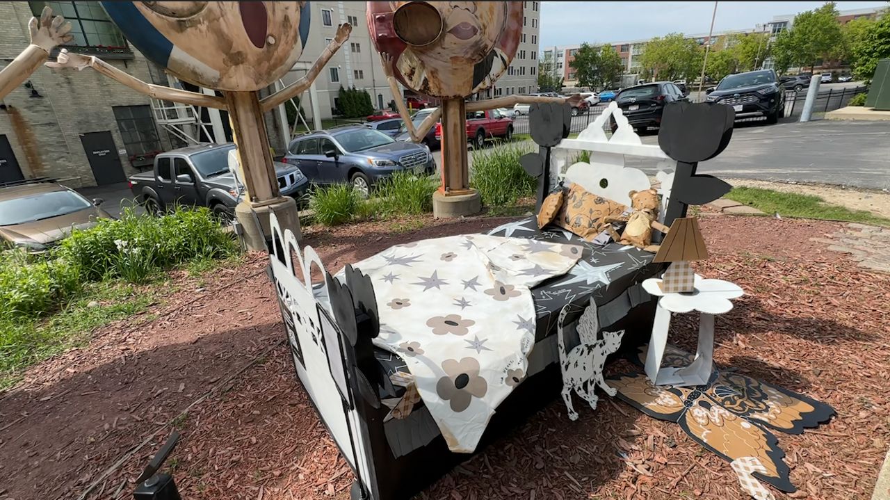 Cardboard bed installation outside Lakefront Brewery in Milwaukee.