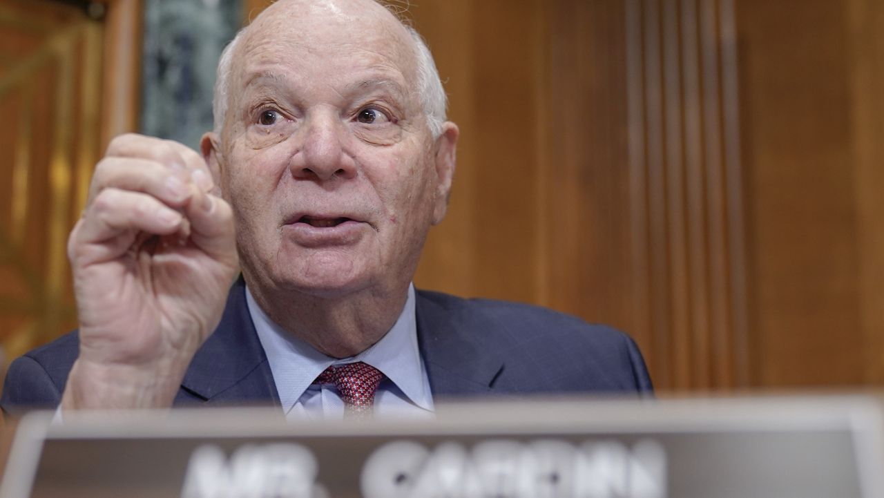 Sen. Ben Cardin, D-Md., talks during a Senate Finance Committee business meeting to consider the nomination of Martin O'Malley, of Maryland, to be Commissioner of Social Security on Capitol Hill, Tuesday, Nov. 28, 2023, in Washington. (AP Photo/Mariam Zuhaib)