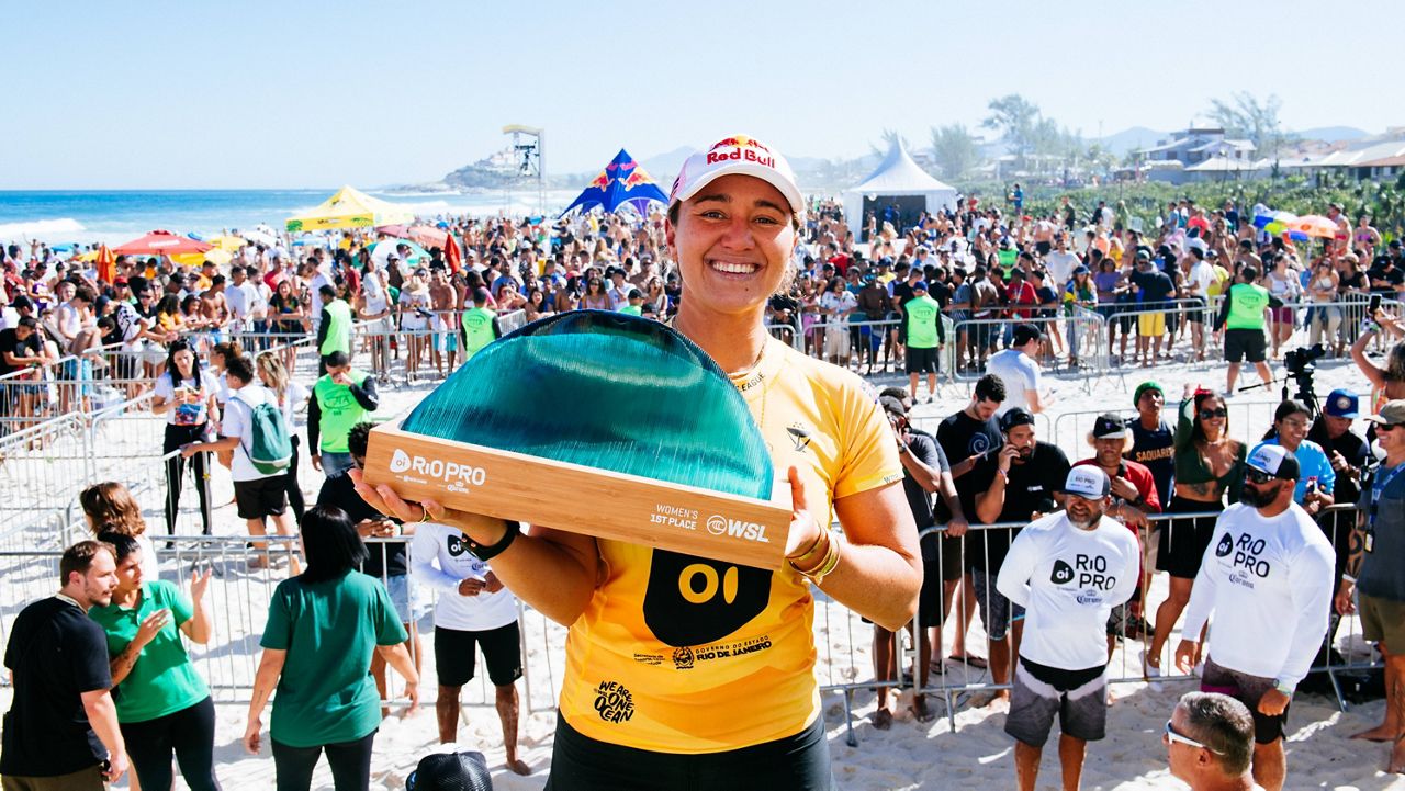 SAQUAREMA, RIO DE JANEIRO, BRAZIL - JUNE 28: Five-time WSL Champion Carissa Moore of Hawaii after winning the Final at the Oi Rio Pro on June 28, 2022 at Saquarema, Rio de Janeiro, Brazil. (Photo by Thiago Diz/World Surf League)