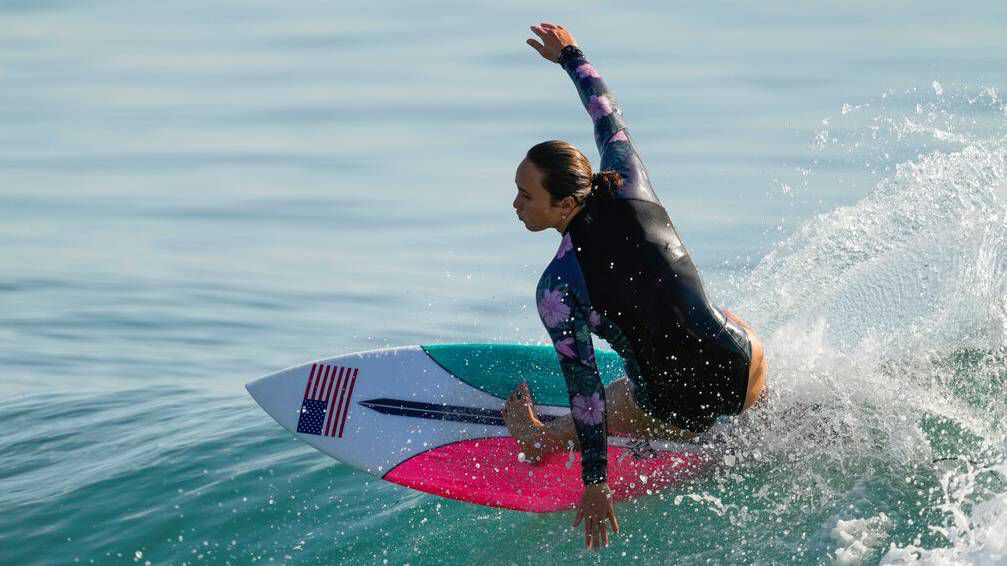 Carissa Moore, seen at the Tokyo Olympics in 2021, was defeated by rival Stephanie Gilmore in the WSL Finals on Thursday.