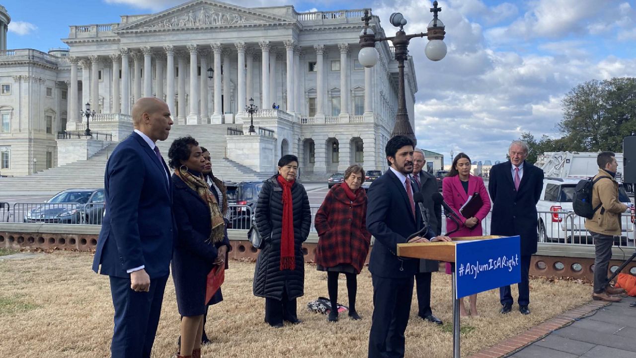 Rep. Greg Casar, D-Texas, speaks to reporters about the Biden administration's recent changes to the asylum system. (Spectrum News/Reena Diamante)
