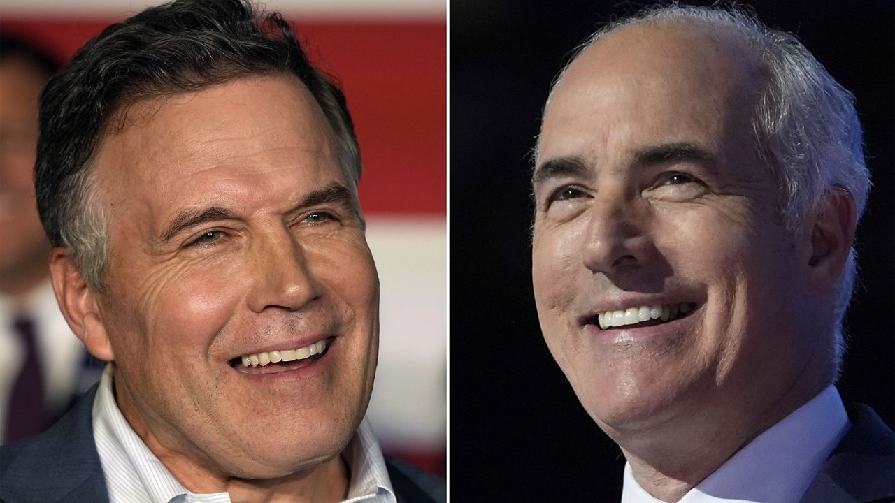 This combination of images shows from left, Republican Pennsylvania Senate candidate David McCormick, left, in Pittsburgh, on Sept. 21, 2023, and opponent, Sen. Bob Casey, D-Pa., in Chicago, on Aug. 22, 2024. (AP Photo Gene J. Puskar, left; and AP Photo Paul Sancya, File)