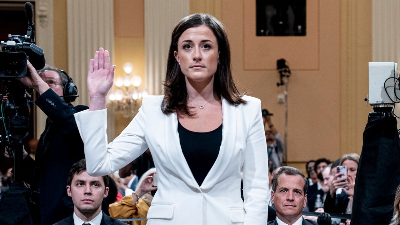Cassidy Hutchinson, former aide to Trump White House chief of staff Mark Meadows, is sworn in to testify as the House select committee investigating the Jan. 6 attack on the U.S. Capitol continues to reveal its findings of a year-long investigation, at the Capitol in Washington, June 28, 2022. (AP Photo/Jacquelyn Martin)